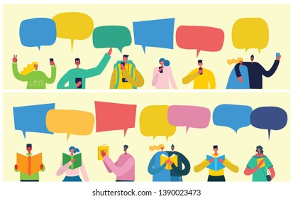 Vector banner with the group of happy fashion people doing different activities with speech bubbles in a flat style