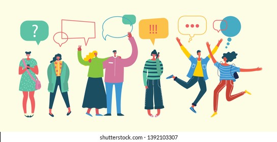 Vector banner with the group of happy fashion people doing different activities with speech bubbles in a flat style 