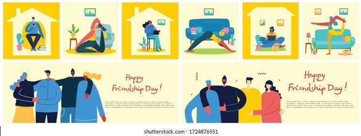 Vector banner with the group of happy fashion people - best friends in a flat style