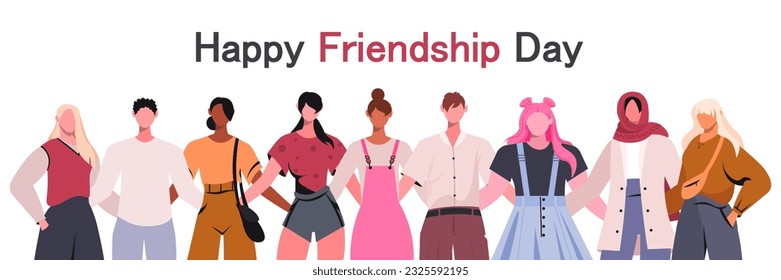 Vector banner with the group of happy young modern people hugging together.  Cute cartoon characters. Happy friendship day. 30th July. Flat vector illustration isolated on white background.