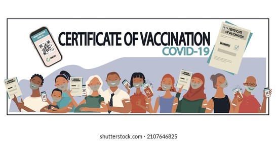 Cartel del vector. Un grupo de personas de diferentes nacionalidades después de ser vacunadas contra el covid-19 muestran un certificado de vacunación, código qr, pasaporte de vacunación. Aislado sobre fondo blanco.