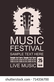 Vector banner with a guitar neck on a black background, the words festival of live music and place for text in grunge style