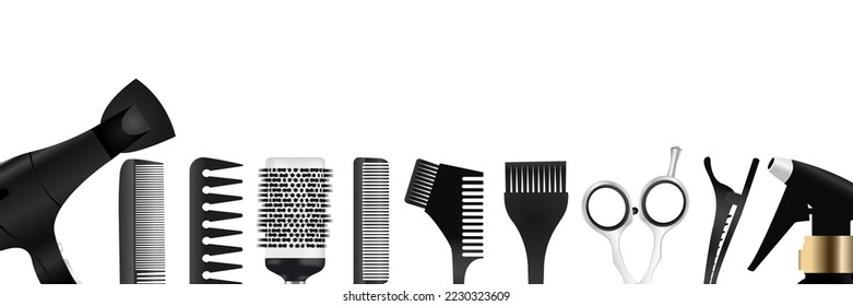 Vector banner with hairdressing tools. The concept of a beauty salon and self-care