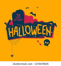vector banner for Halloween with elements of web, spider, skull with bones, confetti