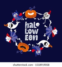 Vector banner of Halloween emblem. Logo for invitations with calligraphy lettering. Round frame template. Illustration of dancing pumpkin, ghost, owl, vampire Dracula, skull. All saint's Day. Concept 
