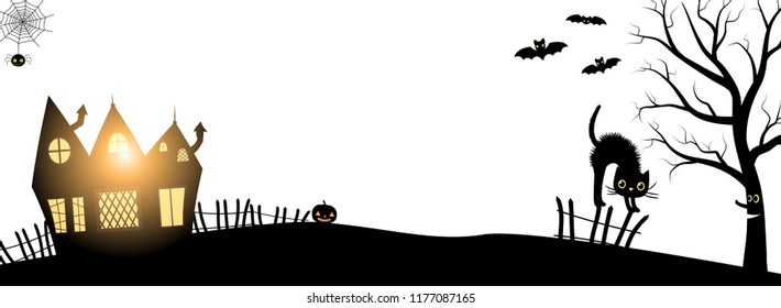 Vector banner for Halloween events in black and white minimal style with silhouettes of a haunted house, tree, cat, and bats