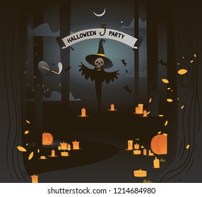 Vector banner halloween party dark illustration with ghost in the dark forest. Moon light and yellow candles. The skeleton in a witch s hat among candles and pumpkins in the forest in flat style