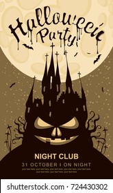 Vector banner for Halloween party with horrid face and an old Gothic castle in the cemetery on the background of the full moon