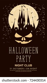 Vector banner for Halloween party with horrid face and an old Gothic castle in the cemetery on the background of the full moon
