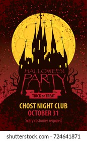 Vector banner for Halloween party with an old Gothic castle in the cemetery on the background of the full moon in grunge style