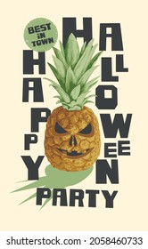 Vector banner for Halloween party with a pineapple instead of pumpkin and inscription. Scary flyer or invitation for best in town Halloween celebration. Spooky pineapple carved face with an evil smile