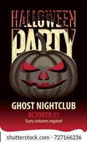Vector banner for halloween party with a spooky pumpkin on the background of full moon