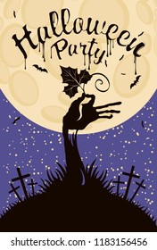 Vector banner for Halloween party with zombie hand and pumpkin leaf at the moonlit night cemetery on the background of the full moon