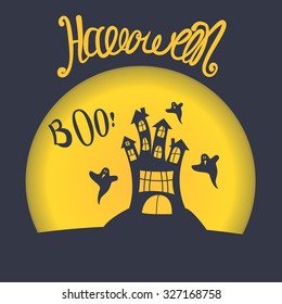 Vector banner Halloween. Scary old castle on a background of a full moon and flying ghosts. Hand lettering.
