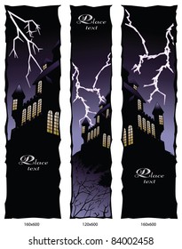 Vector banner an halloween style. Lightning over the house.