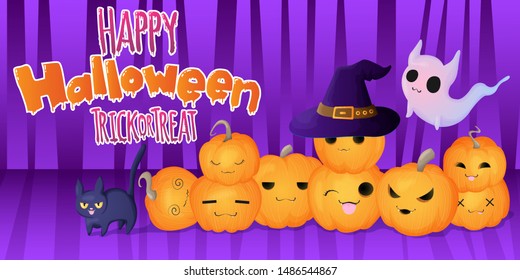 Vector banner with hand draw illustration of cute pumpkins in witch hat, with different faces, and black cats and ghost in cartoons style on purple background with stripes and text happy halloween