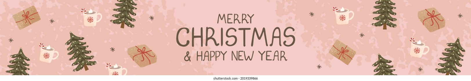 Vector banner with hand drawn doodle illustrations of christmas objects as gifts box, christmas tree. Horizontal Christmas header for website template