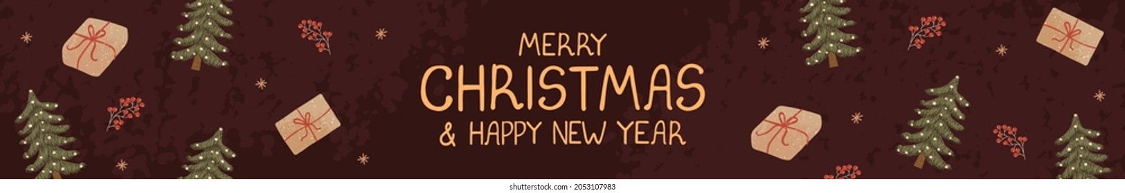 Vector banner with hand drawn doodle illustrations of christmas objects as gifts box, christmas tree. Horizontal Christmas header for website template