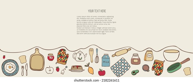 Vector banner with hand drawn food and kitchen items in doodle style. For feast invitation, packaging design, template labels, poster, web and advertising banner, article about health, card or flyer.