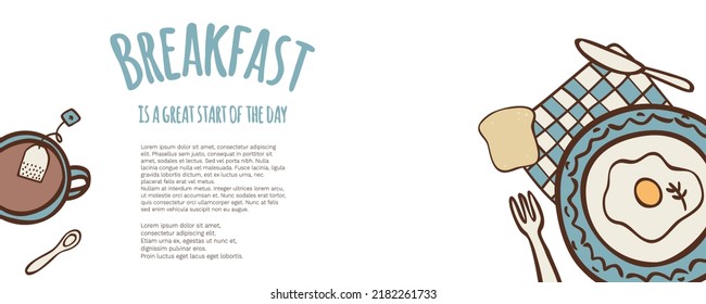 Vector banner with hand drawn food and kitchen items in doodle style. For feast invitation, packaging design, template labels, poster, web and advertising banner, article about health, card or flyer.