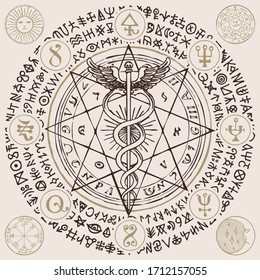 Vector banner with a hand drawn illustration of a Caduceus with an octagonal star. The staff of Hermes with two snakes with wings, esoteric signs and magic runes written in a circle. Medical symbol