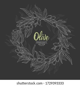 Vector banner hand drawn olive set.Label.Olive branches isolated on white background.Engraving illustration olive-tree.Design element for packing olive oil, cosmetics.Natural plant product.