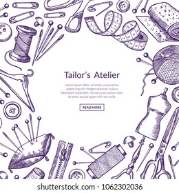 Vector banner hand drawn sewing elements background illustration with place for text in center