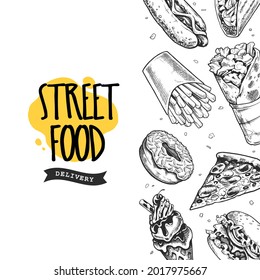 Vector banner with hand drawn street food. Black and white engraving style illustrations of burger, pizza, taco, french fries, donut, hot dog, shawarma and ice cream. EPS10 vector illustration.