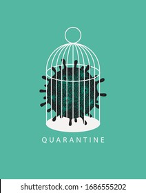 Vector banner with a hand drawn virus cell locked in a cage. Quarantine-prevention of coronavirus. Dangerous virus 2019-nCoV. Stop infection COVID-19 concept