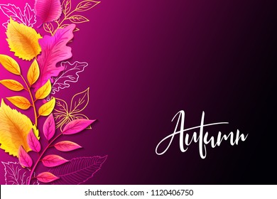 Vector banner with hand lettering label - autumn - and leaves.