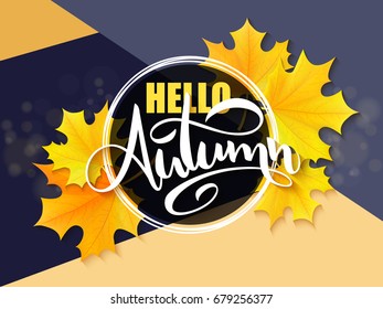 Vector banner with hand lettering label - hello autumn - yellow autumn maple leaves and flares.