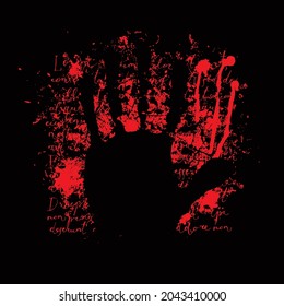 Vector banner with a hand print, abstract red spots and handwritten text lorem ipsum on a black background. Creative illustration with a human palm and terrible blood stains or paint blots