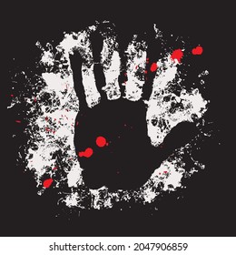 Vector banner with a hand print and abstract white and red spots on a black background. Creative illustration with a human palm and paint blots or blood stains