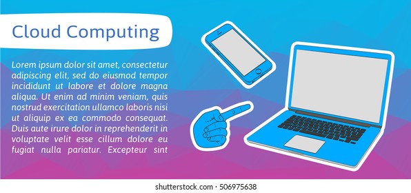 Vector banner with hand, smartphone and laptop. Horizontal banner for header or footer. 