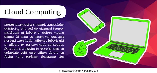 Vector banner with hand, smartphone and laptop. Horizontal banner for header or footer.
