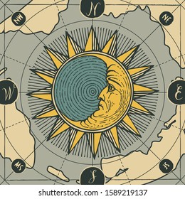 Vector banner with hand-drawn sign of moon, sun on the old map in retro style. Decorative illustration on the theme of travel, adventure and discovery on the background of old map