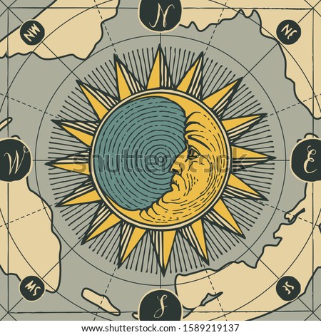 Vector banner with hand-drawn sign of moon, sun on the old map in retro style. Decorative illustration on the theme of travel, adventure and discovery on the background of old map