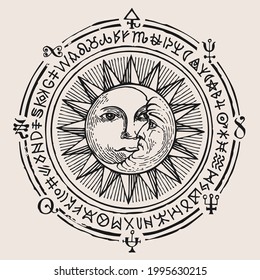 Vector banner with hand-drawn Sun, crescent Moon and esoteric symbols on an old beige background. Retro style illustration in the form of a circle with black drawings, magic signs and runes