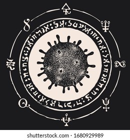 Cartel vectorial con células virales dibujadas a mano y carreras mágicas. Mandala en blanco y negro con peligroso virus 2019-nCoV.Detenga el concepto COVID-19. Ilustraciones para uso científico y médico