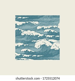 Vector banner with hand-drawn waves in retro style. Decorative illustration of the sea or ocean, blue storm waves with breakers of seafoam