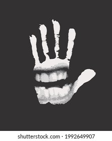Vector banner with a handprint with a human mouth on the palm, isolated on a black background. Black and white abstract illustration with an evil grin and a hand print in retro style