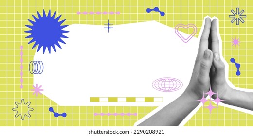 Vector banner with hands. Gesture signs. Modern art collage with hand. Trendy vector pieces. Creative collage in Y2K style