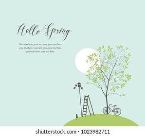 Vector banner with handwritten inscription Hello Spring and place for text. Spring landscape with green tree, bike, birds, birdhouse and ladder