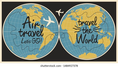 Vector banner with handwritten inscriptions Air travel and Travel the world. Flat illustration with world map and airplanes on the black background in cartoon style.