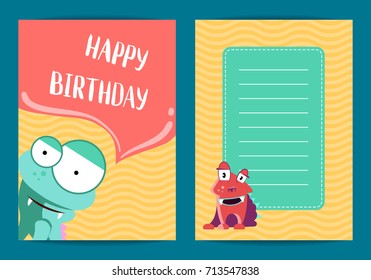 Vector banner happy birthday card template with cute cartoon monsters on wavy background illustration