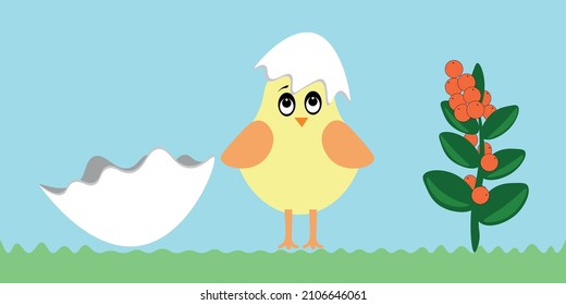 Vector banner of happy Easter on a blue background, a chicken in a shell and a twig with berries for printing greeting cards, leaflets, invitations.
