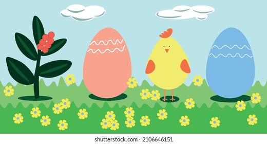 Vector banner of happy Easter on a blue background, a chicken with Easter eggs and a twig with berries for printing greeting cards, leaflets, invitations.