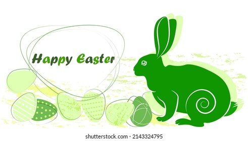Vector banner "Happy Easter" with rabbit and painted eggs in green color; The Holiday card for spring holidays