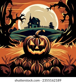 vector banner for happy halloween party vector flat bright illustration in comics style pumpkin, house, cool illustration. halloween concept full moon in orange sky