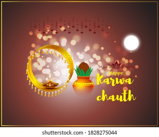 Pancarta vectorial de Happy Karwa Chauth, festival indio, pooja kalash, diya, luna llena, fondo de bokeh hermoso, cartel decorativo de tarjetas de felicitación festiva.